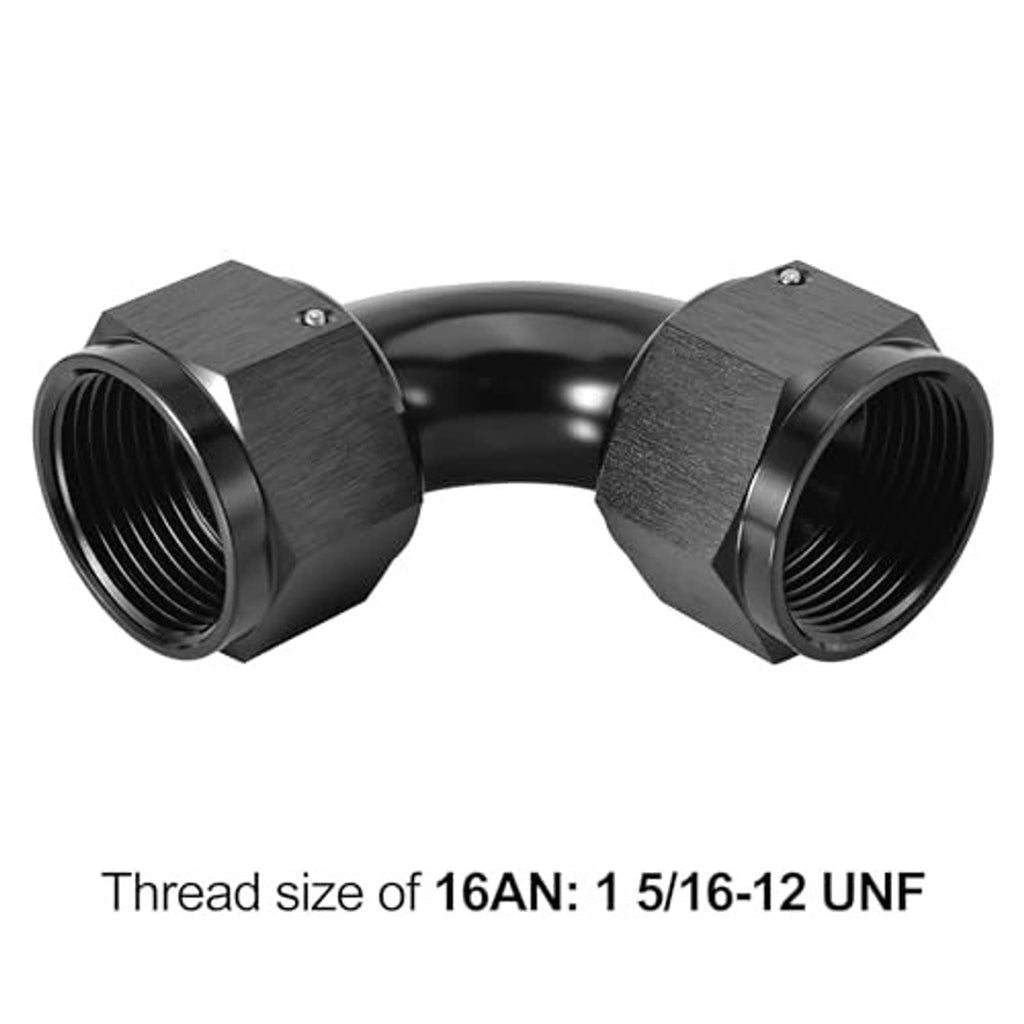 Two-end 90-degree AN swivel coupler with visible female threads, dark finish