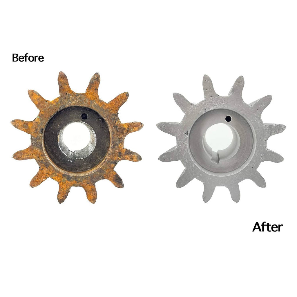 Aluminum oxide abrasive media shown before-and-after on a gear wheel