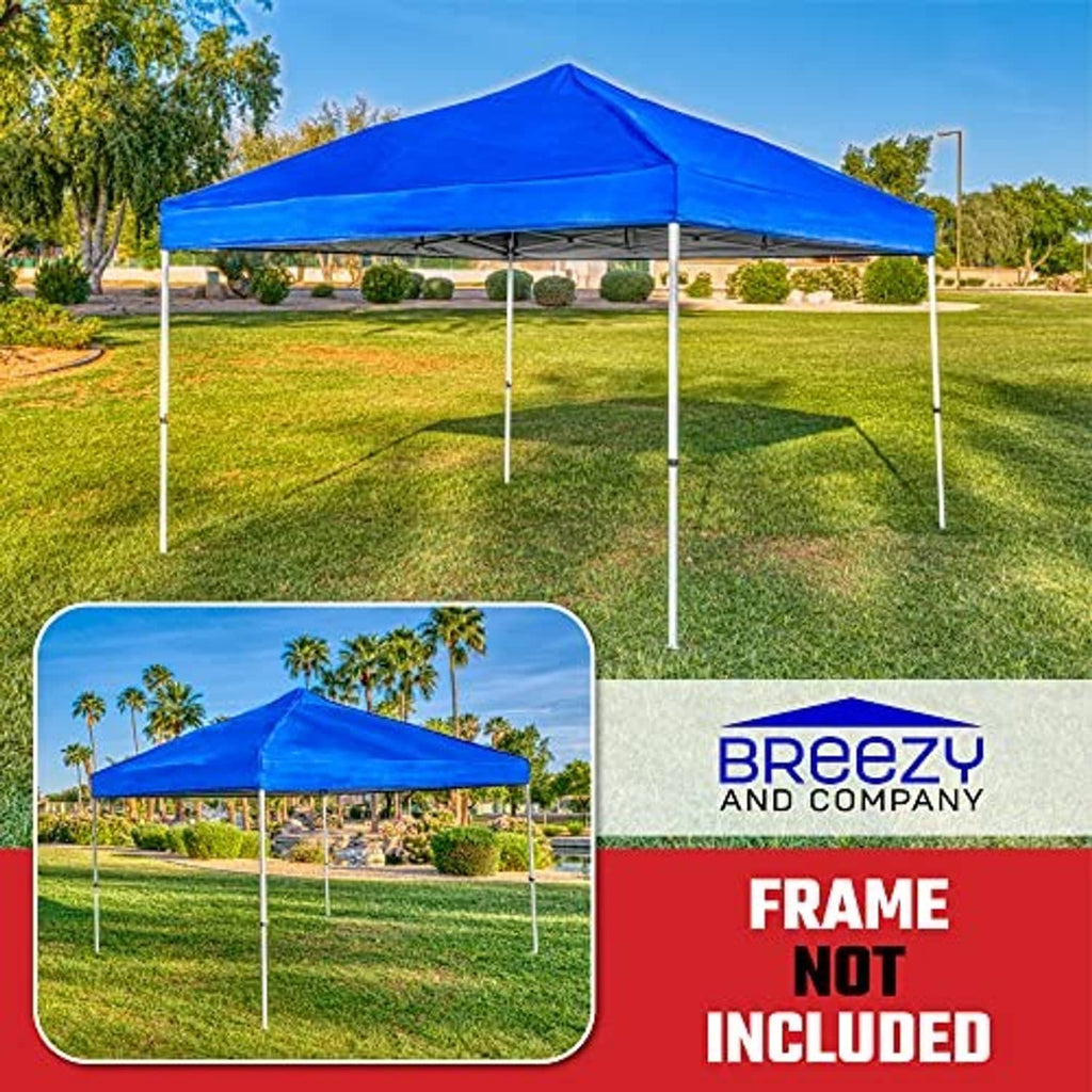 Blue pop up canopy tent with white poles and peaked roof cover
