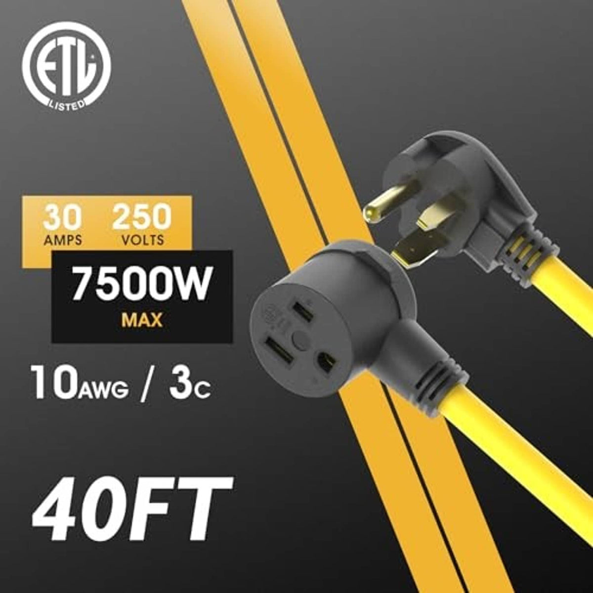 Yellow 10 AWG welding extension cord with 6-50R and 6-50P plugs, 40 ft