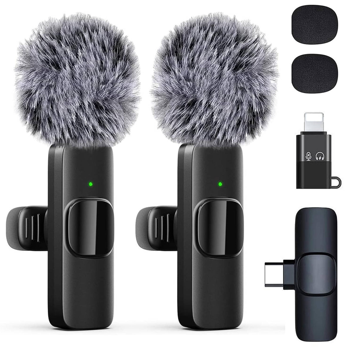 Pair of black wireless lavalier microphones with gray furry windshields and receiver clip