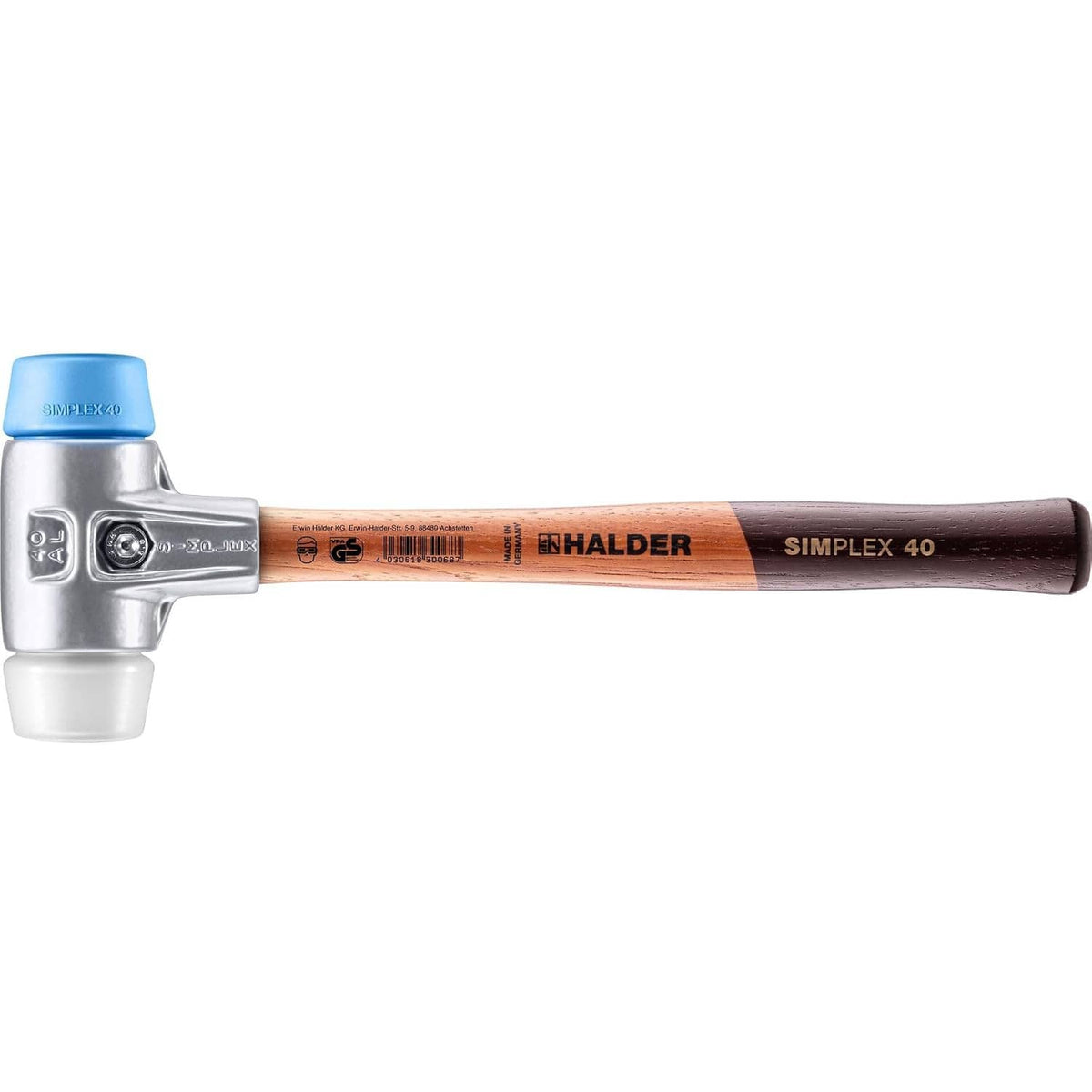 Simplex soft-faced mallet with blue insert, silver head, brown wooden handle.