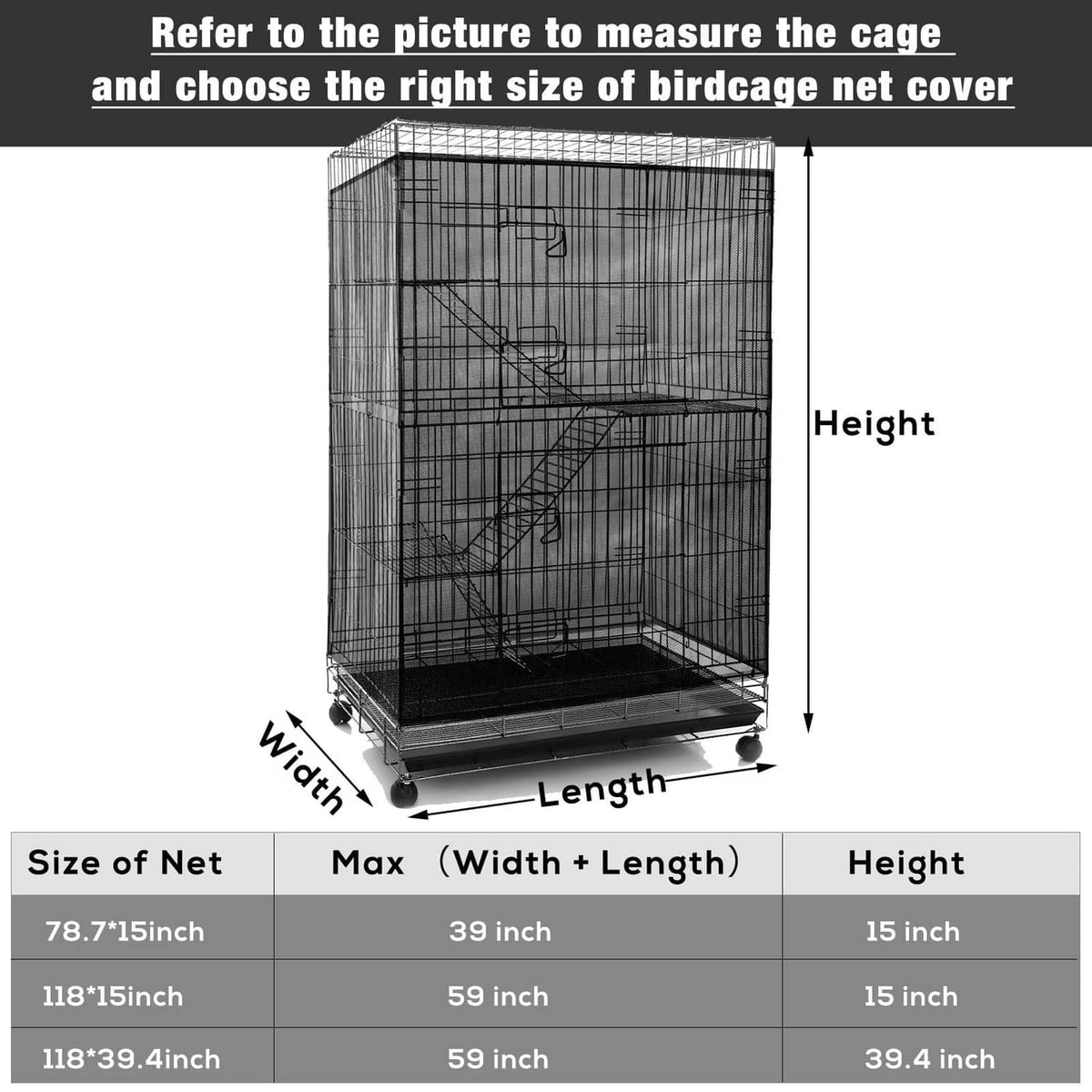 Black birdcage cover net sized to fit a wire bird cage, full height coverage