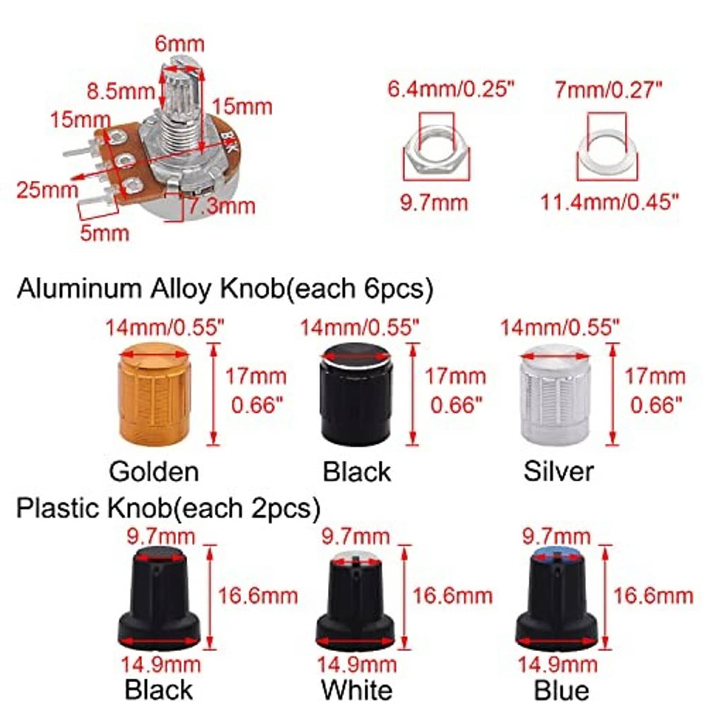 Aluminum and plastic potentiometer knobs diagram: black, white, blue, and gold with sizes