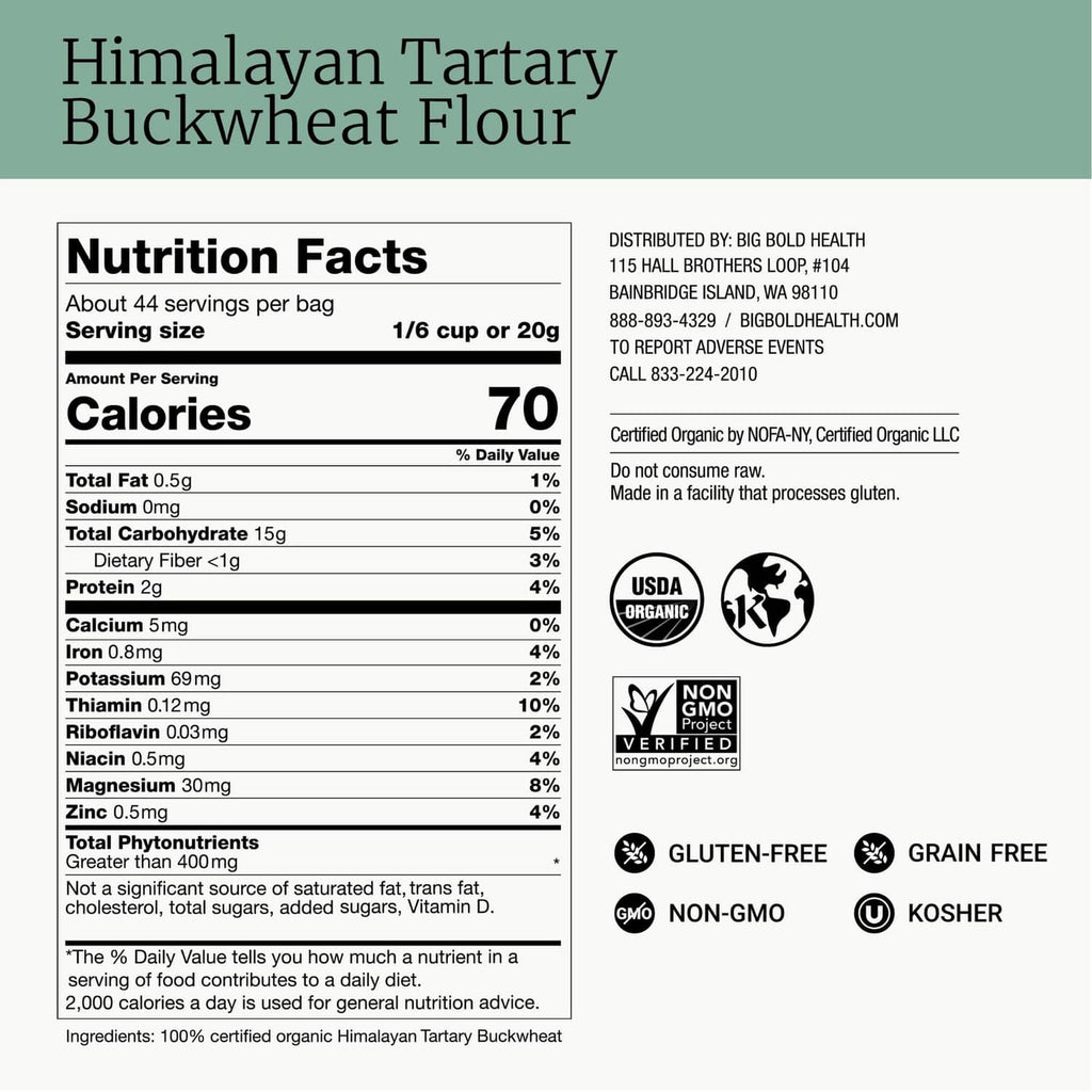 Himalayan Tartary buckwheat flour pouch nutrition facts panel with ingredient list