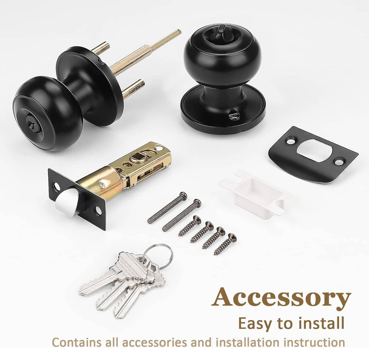 Black door knob accessory kit with lock cylinder, spindle, screws, and mounting parts