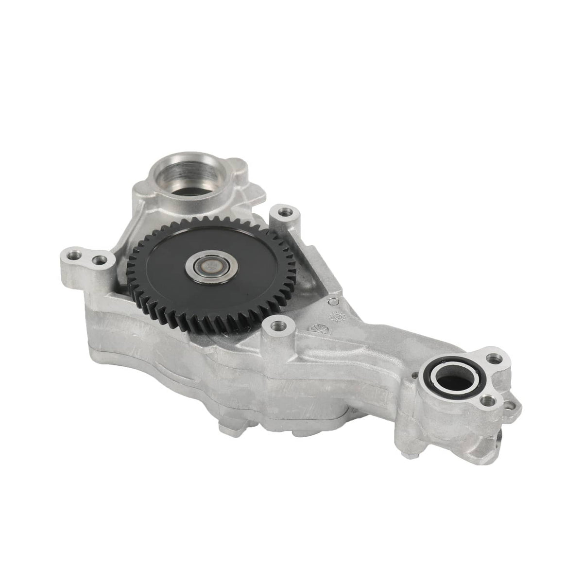 Engine oil pump assembly showing black gear wheel and two threaded ports on ends