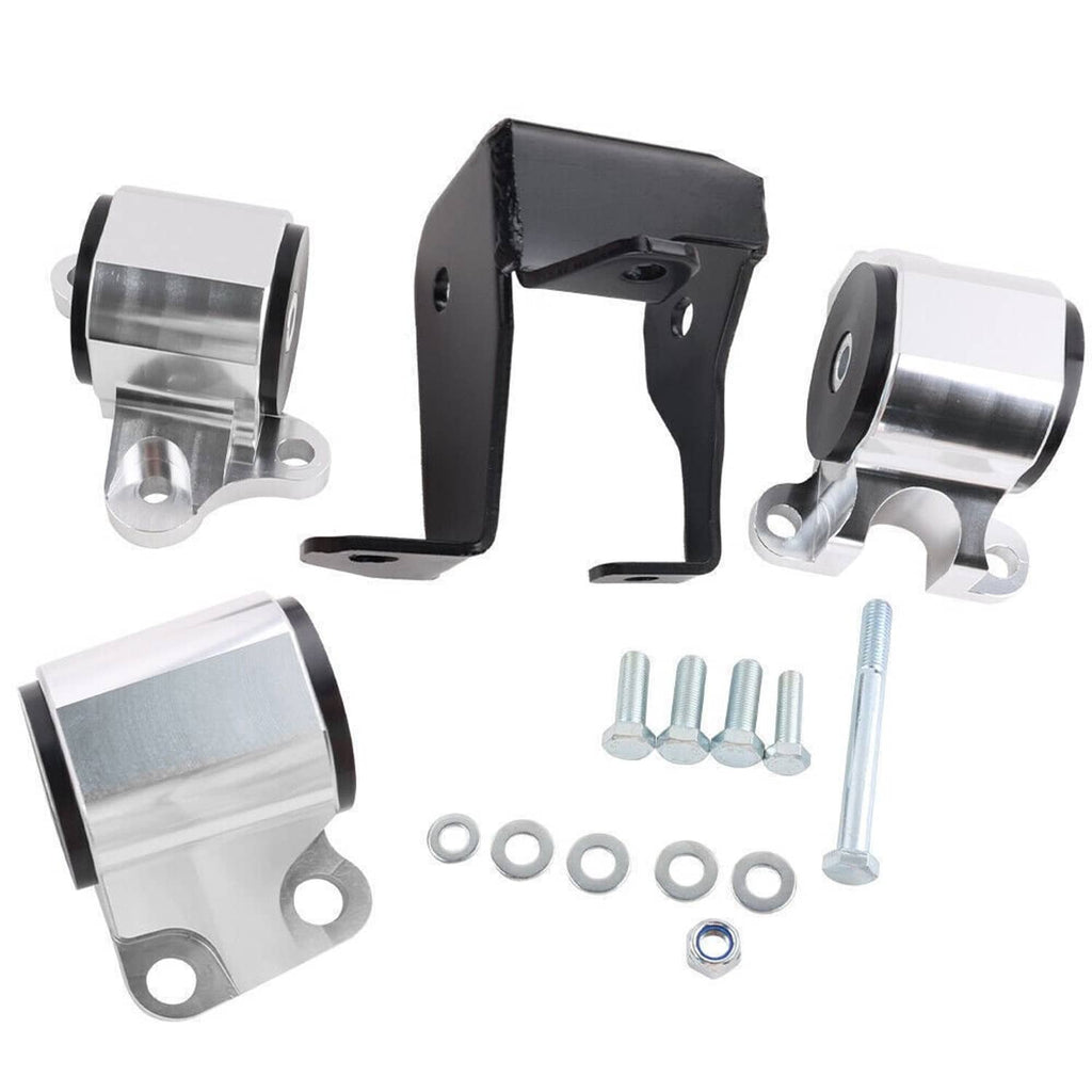 Motor mount kit components: silver mounts, black bracket, and included mounting bolts