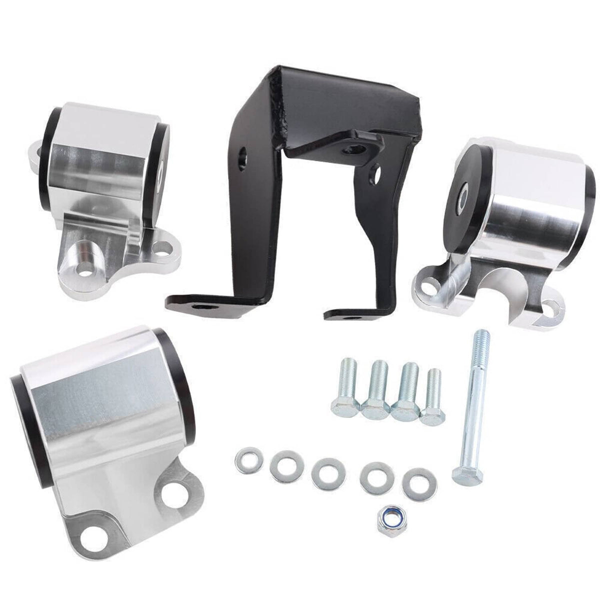 Motor mount kit components: silver mounts, black bracket, and included mounting bolts
