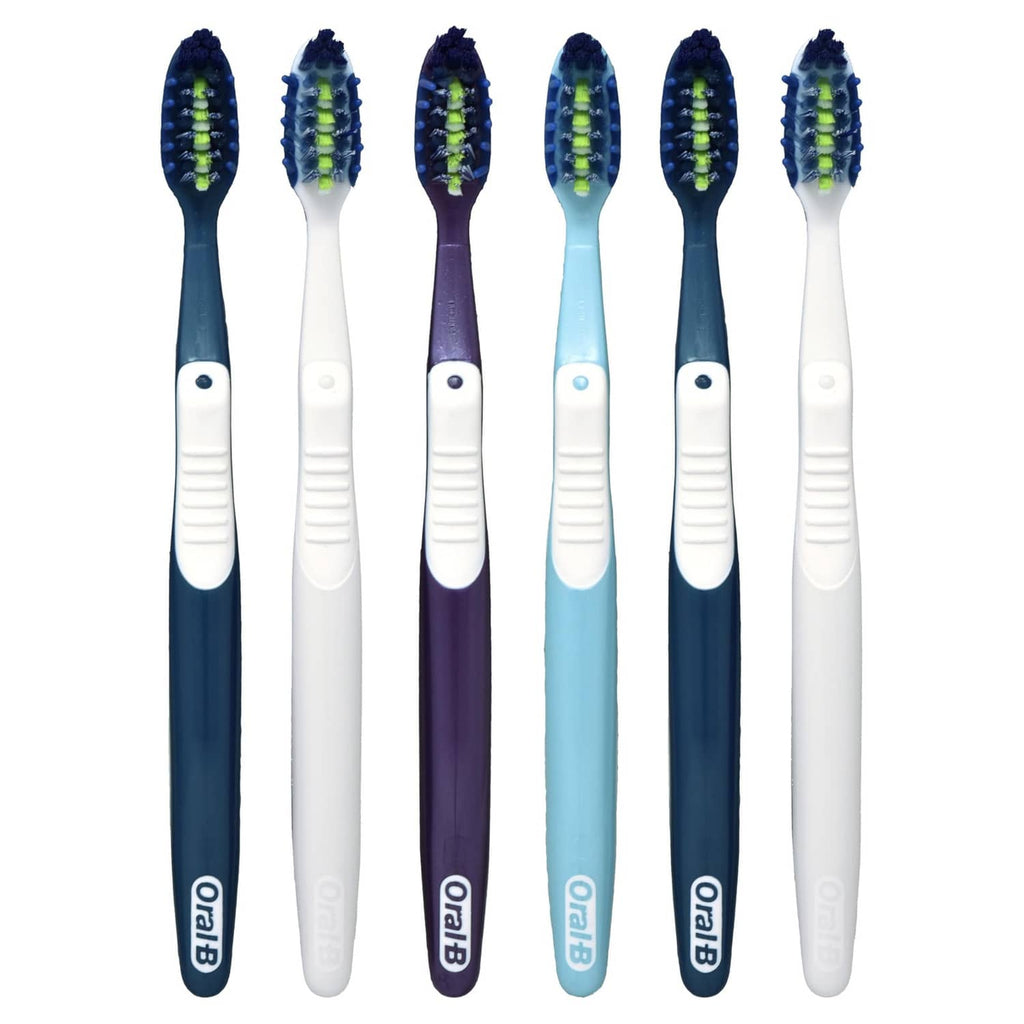 Set of six toothbrushes with soft bristles, blue and white handles