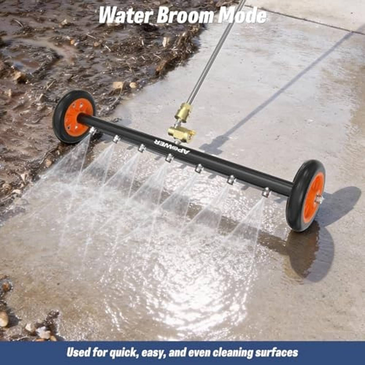 Under-vehicle water broom attachment spraying a wide fan across concrete