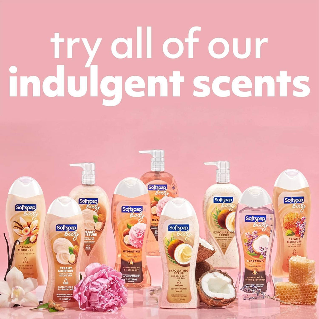 Assorted Softsoap body wash and scrub bottles lineup