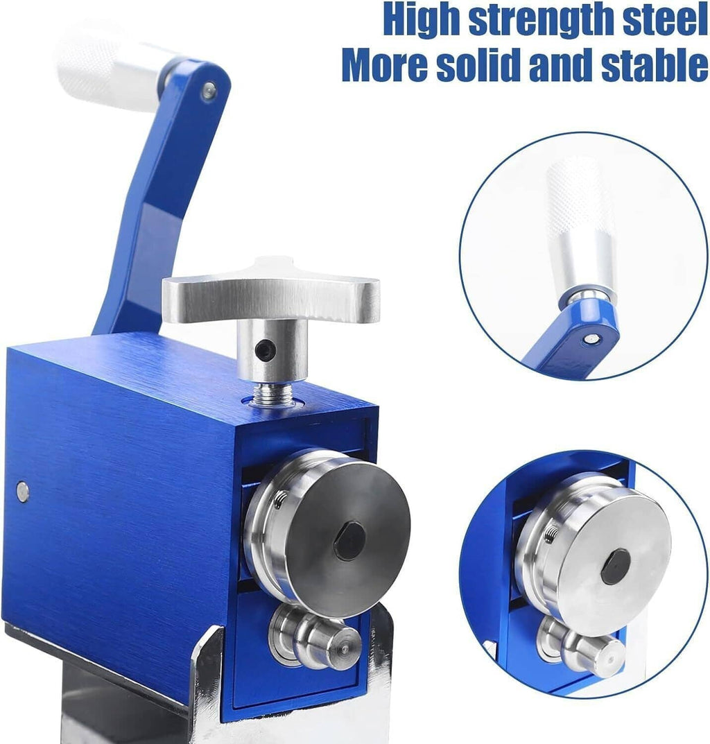 Tube pipe beader tool with steel roller plate and blue base, close-up view