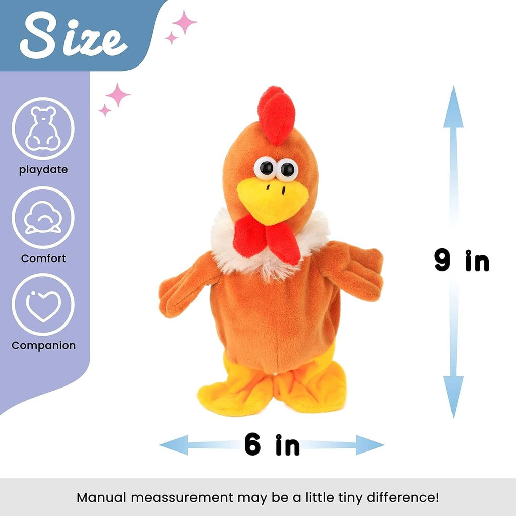 Orange talking chicken plush standing, red comb and white furry collar, yellow feet