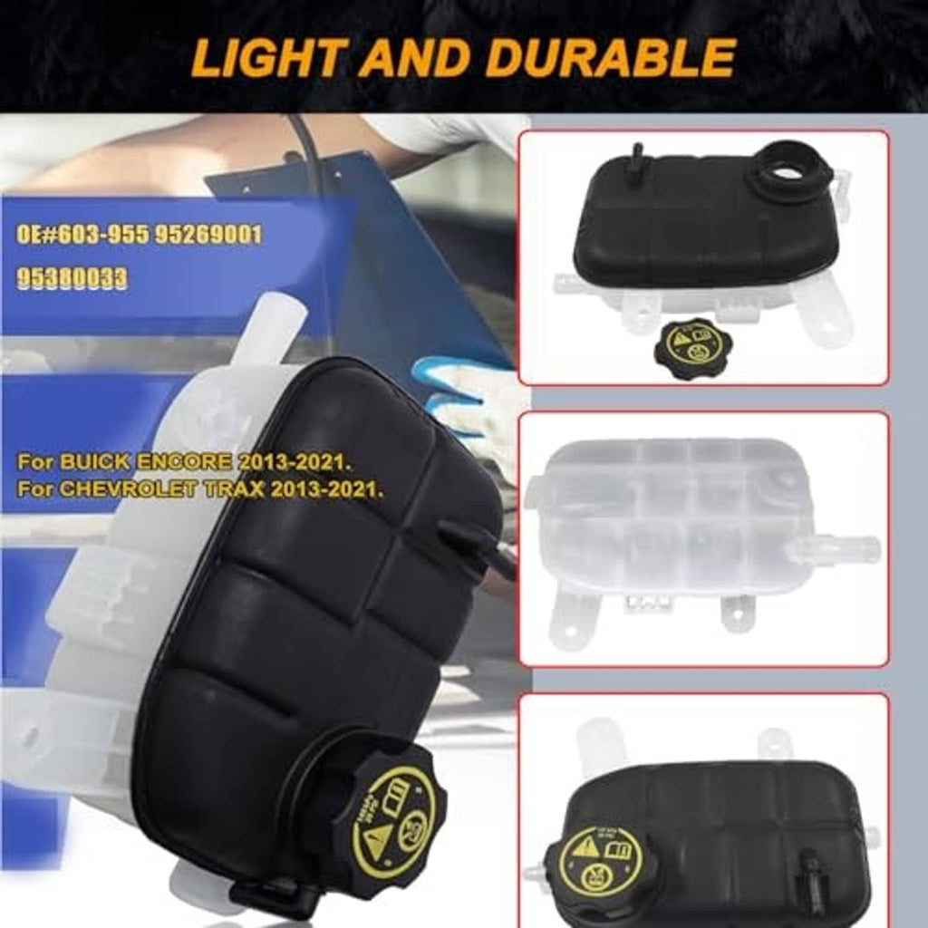 Black coolant reservoir tank with yellow warning cap and translucent fluid container