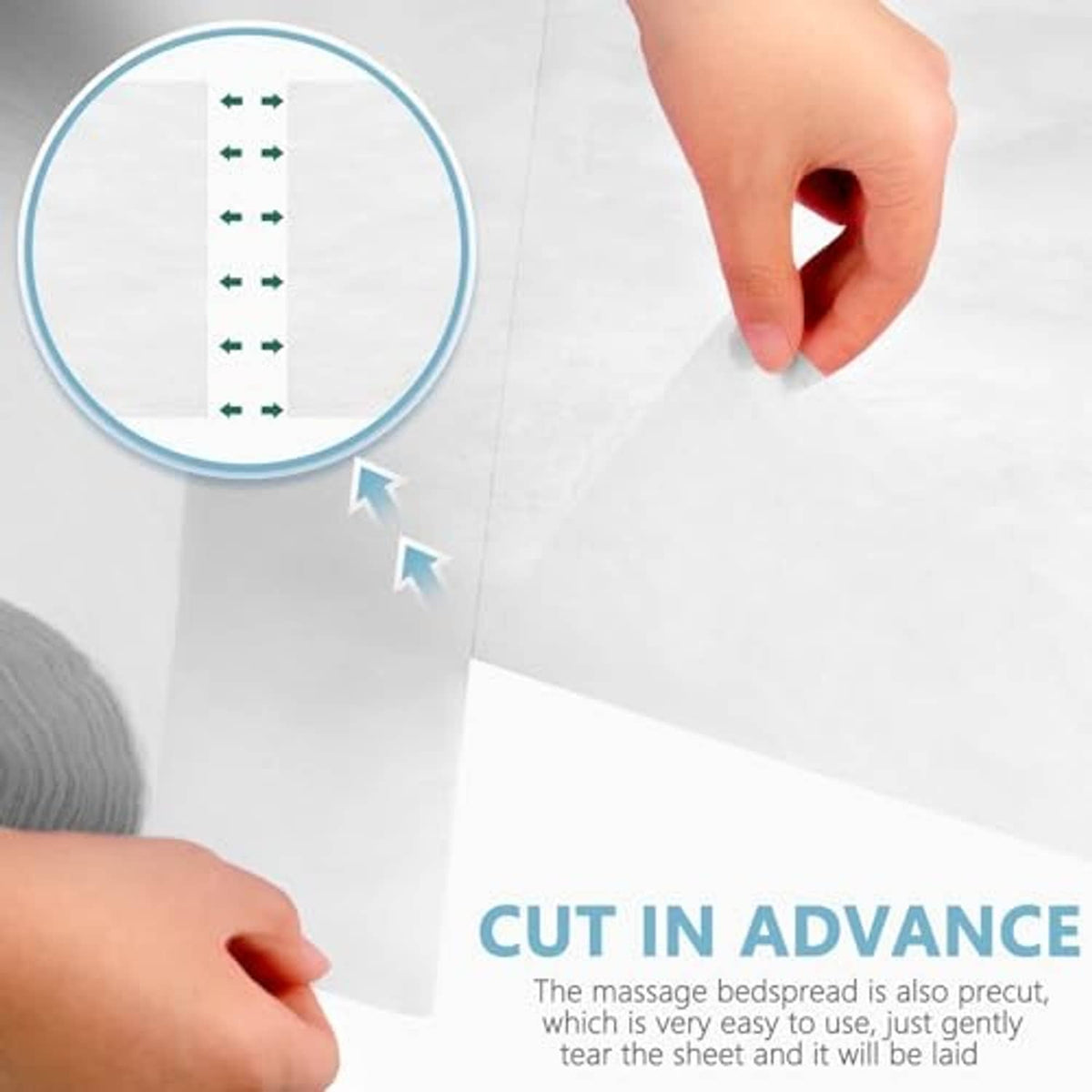 White non-woven disposable bed sheet roll cover being cut to size