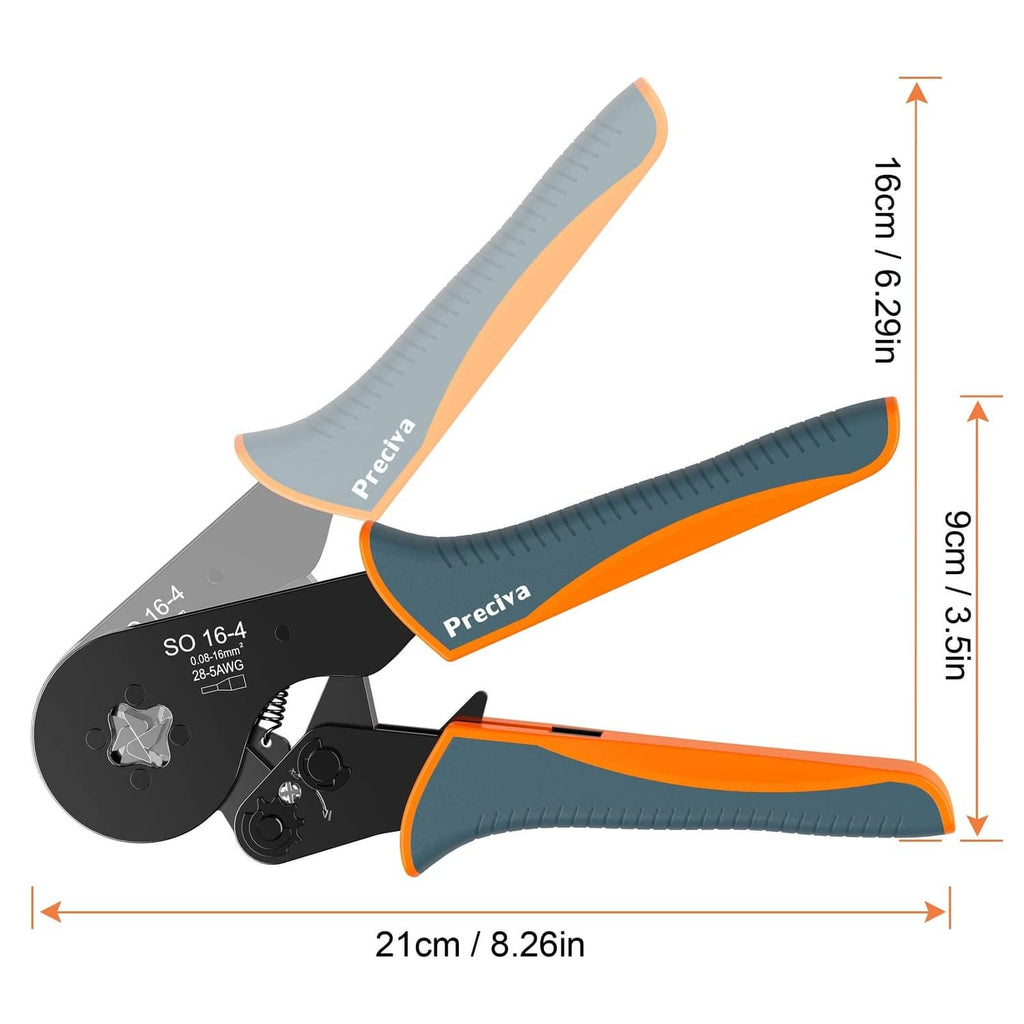 Wire ferrule crimping pliers, 21 cm long with orange accents and gray comfort grips