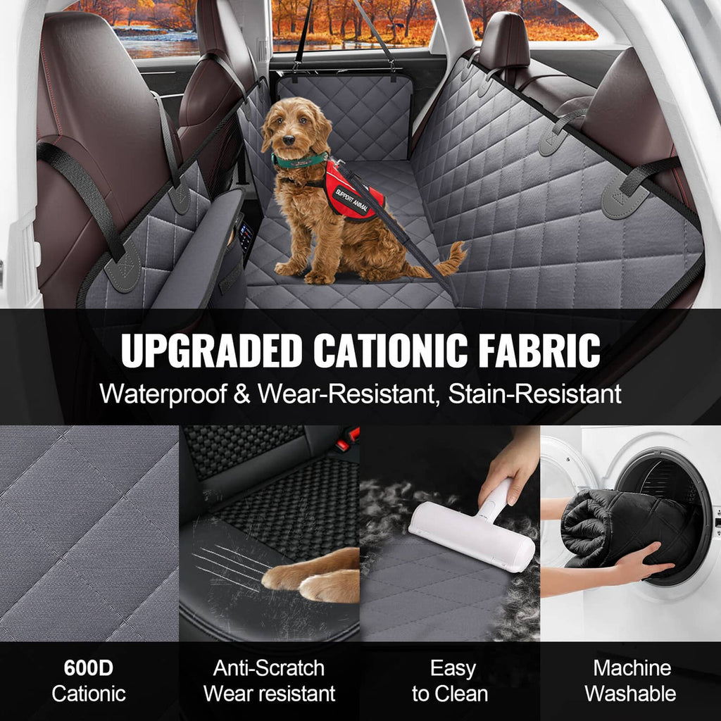 Quilted dark gray dog car seat cover with waterproof finish, side flaps, and easy-clean surface