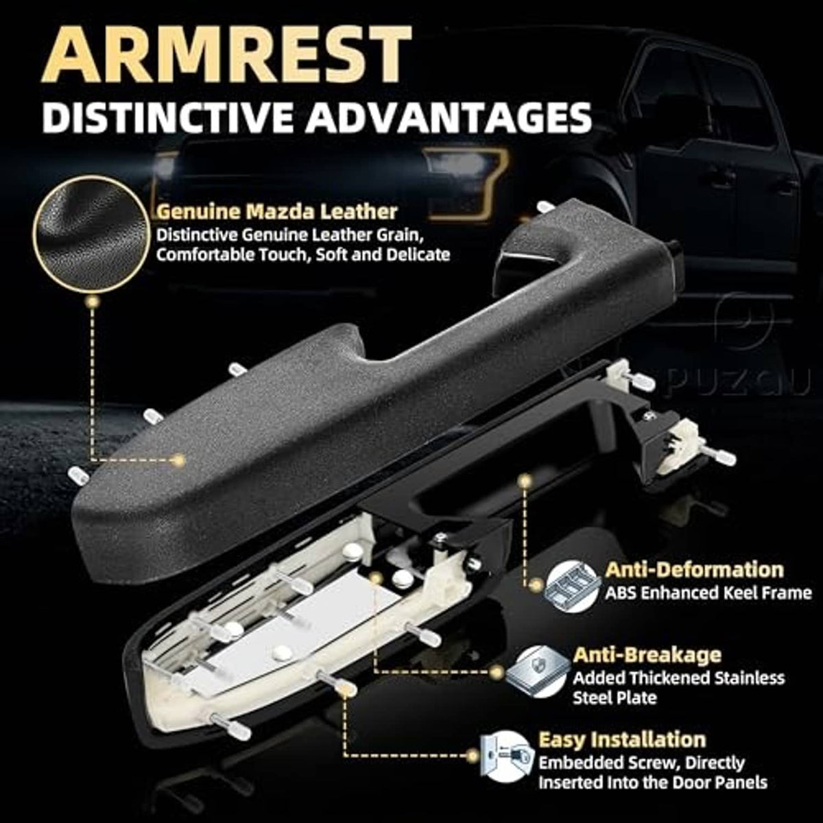 Black driver-side armrest repair kit with armrest cover and internal steel frame