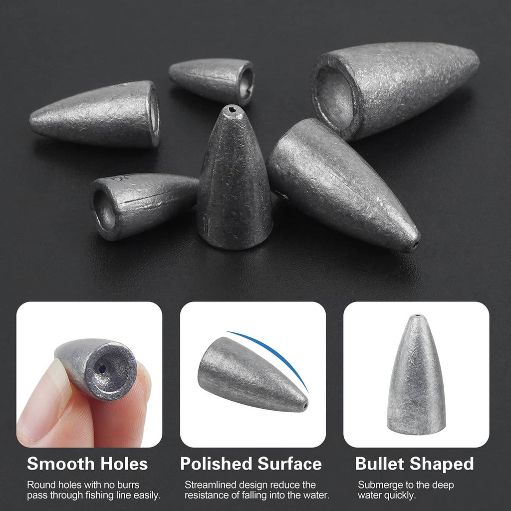 Bullet fishing sinkers with smooth holes and polished metallic gray bullet shapes