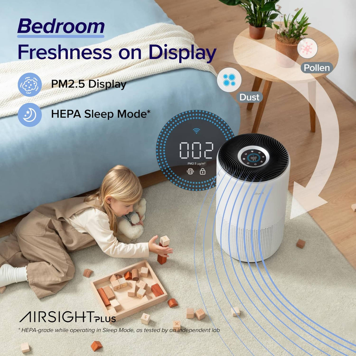 Cream white air purifier with top air vents and circular display panel