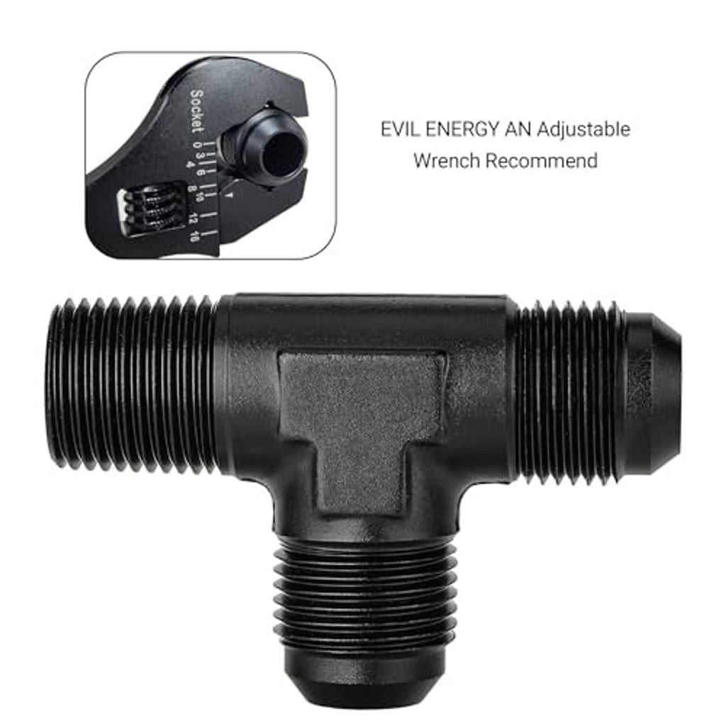 Black T-style adapter fitting with inset diagram of adjustable wrench use