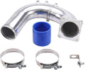 Polished 3-inch air intake elbow charge pipe with blue silicone coupler and mounting flange