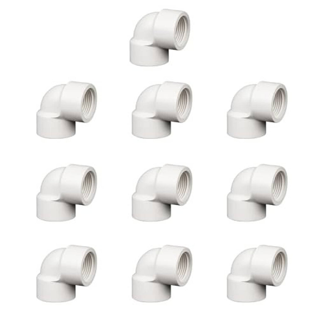 White PVC 90° elbow coupling collection showing threaded FIPT male ends, 1-inch.