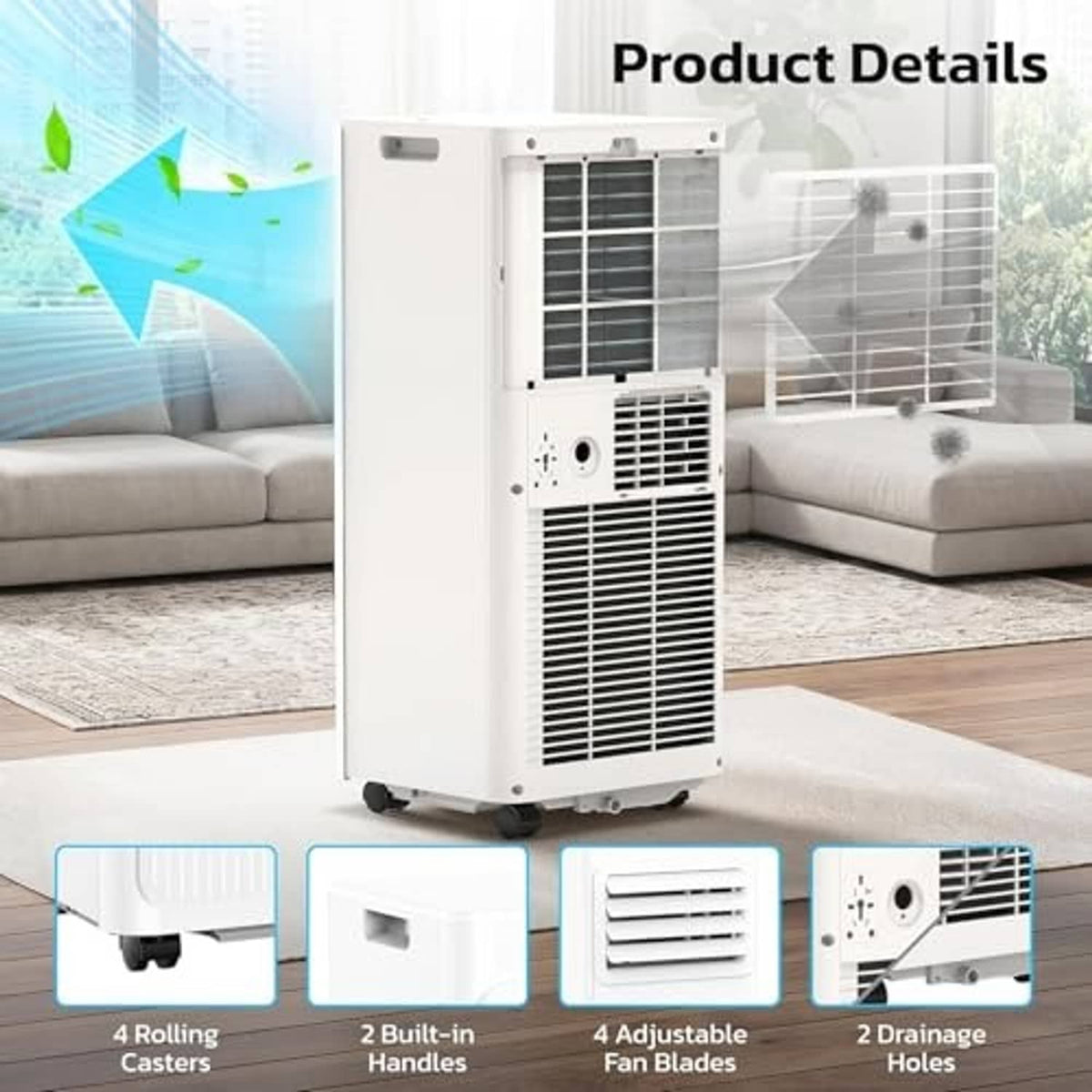 Portable air conditioner with rear grille view; caster wheels, handles, fan blades, drainage holes.