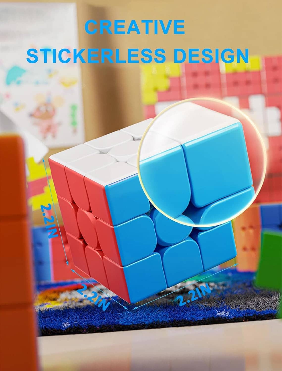 Stickerless 3x3 speed cube with blue top, yellow center, and red side tiles