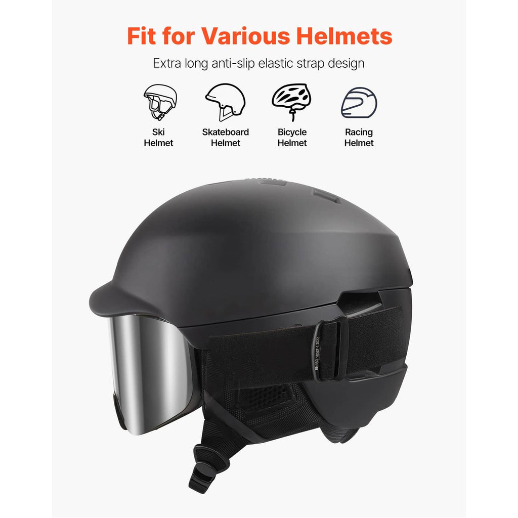 Black ski helmet goggles with silver mirrored lens and secure strap for fit.