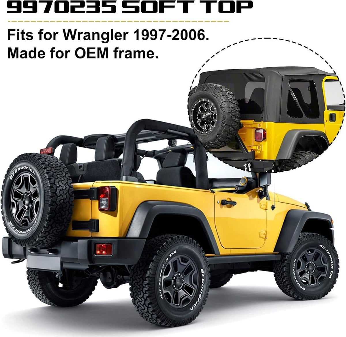 Jeep Wrangler TJ soft top upper skins installed on a yellow Jeep with windows