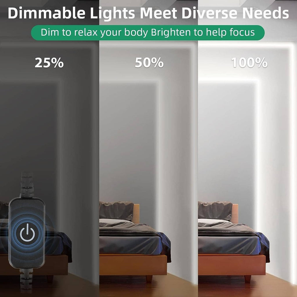 Dimmable white LED neon rope lights showing multiple brightness levels in a bedroom