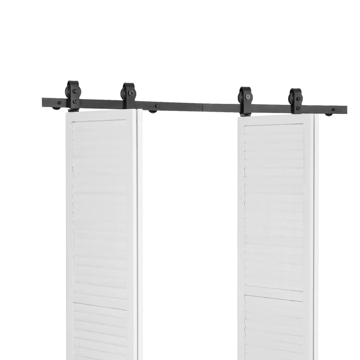 Bi-fold sliding barn door track with two white door panels and black roller wheels