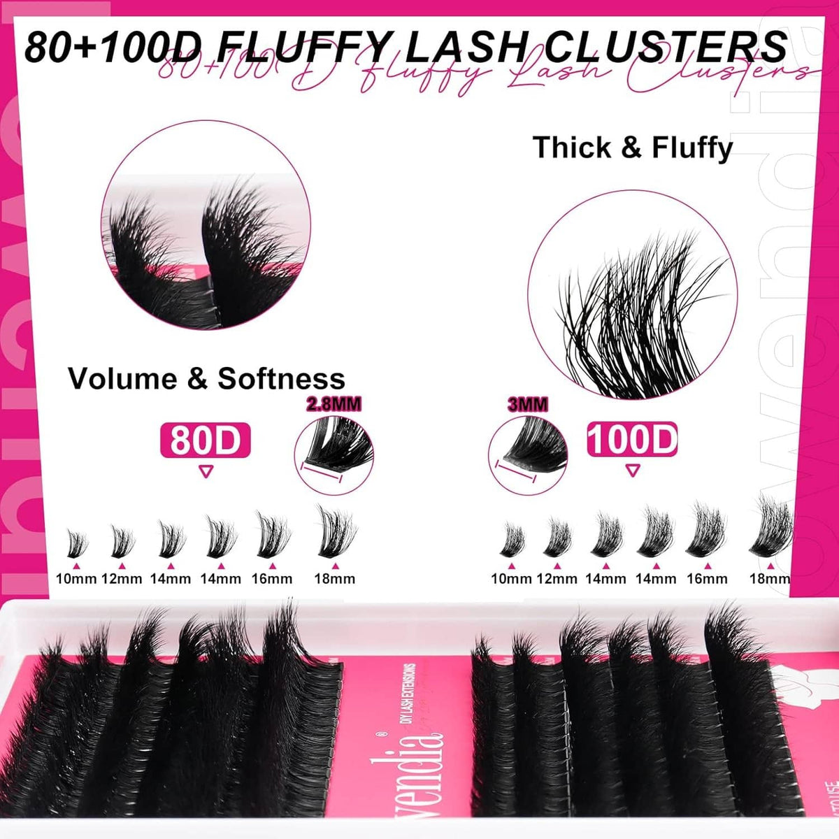 Box insert showing 80D and 100D thick, fluffy black lash clusters diagram