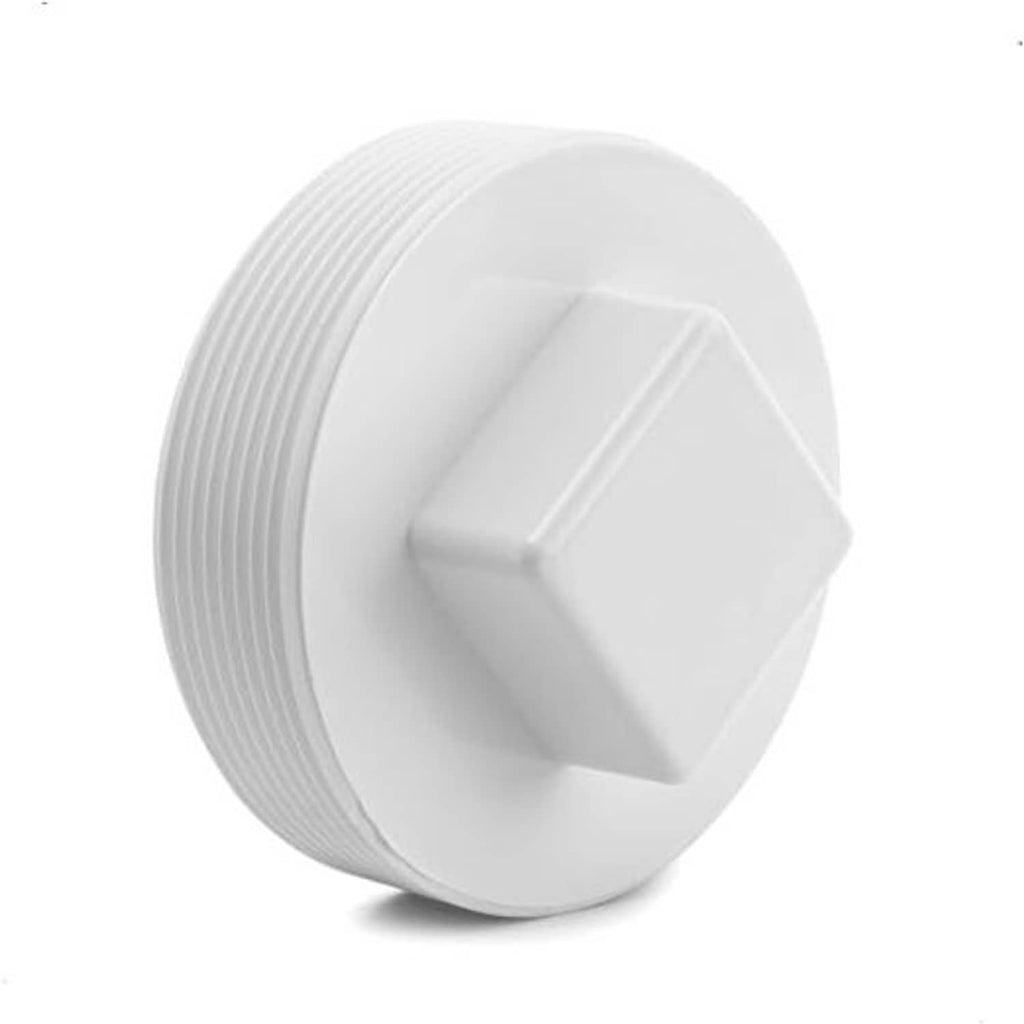 White PVC 6-inch sewer cleanout plug fitting with male adapter end, flush square cap