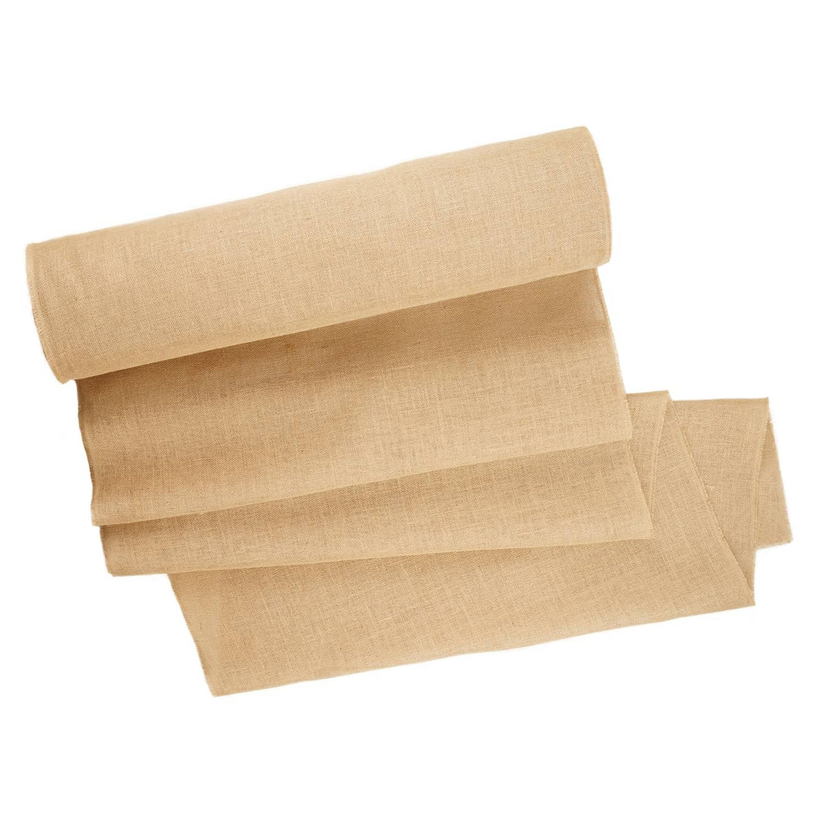 Stacked natural burlap fabric strips and folded roll pieces in tan