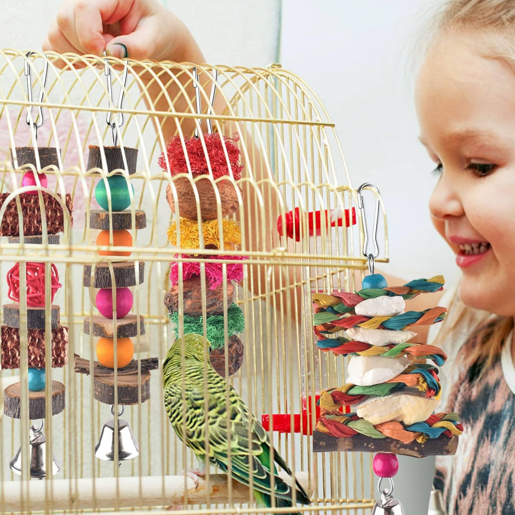 Child near hanging bird chew perches with wooden blocks, bells, and colorful rope