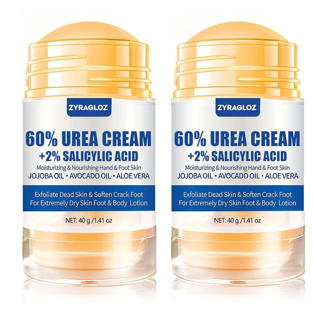 Two urea cream jars, clear body, blue label showing 60% urea and 2% salicylic acid