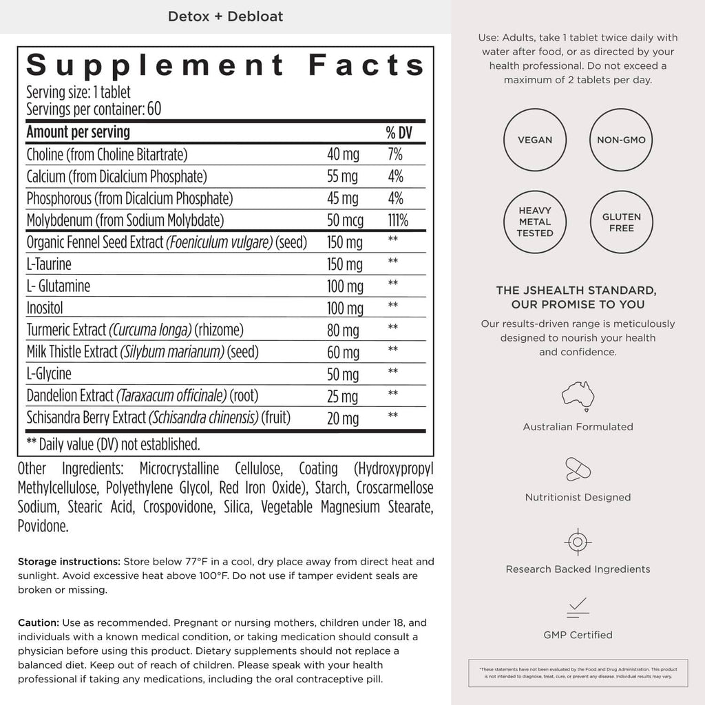 Supplement Facts panel for detox tablets with ingredient and serving details