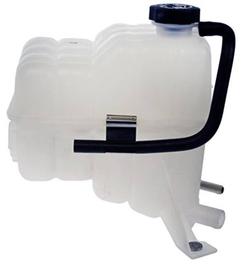 Coolant reservoir with cap and curved black hose, white plastic with mounting feet