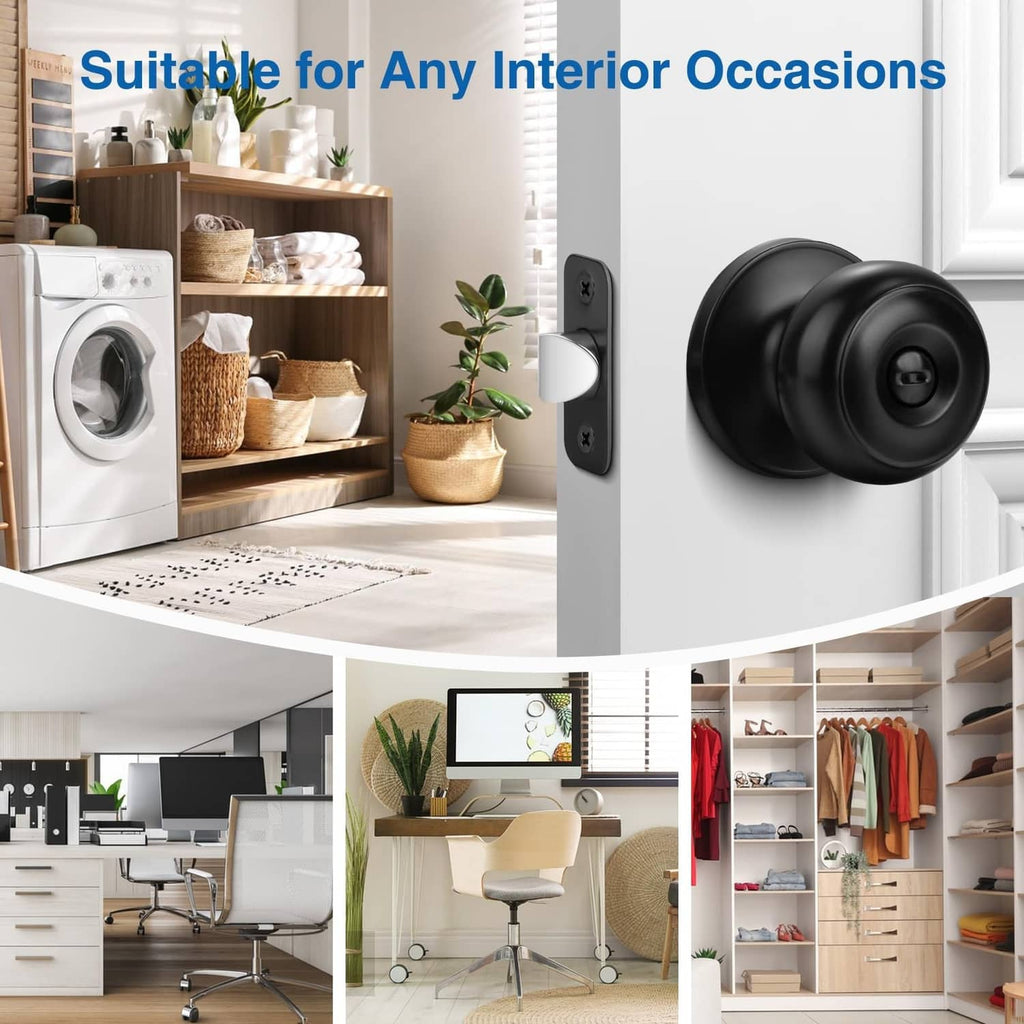 Matte black privacy door knob installed on interior door, round exterior knob
