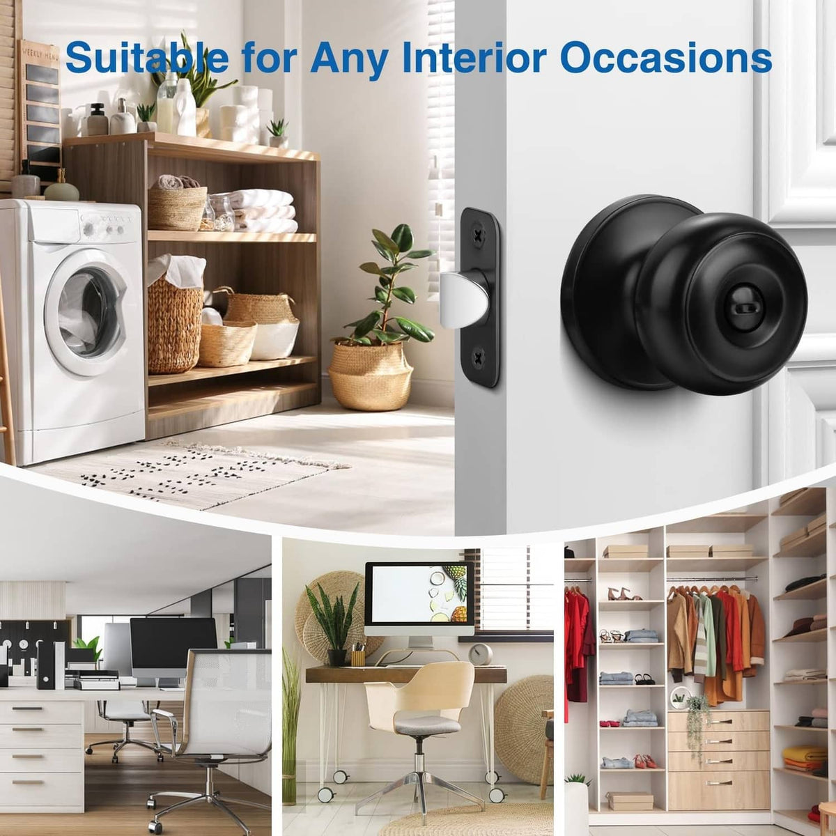 Matte black privacy door knob installed on interior door, round exterior knob