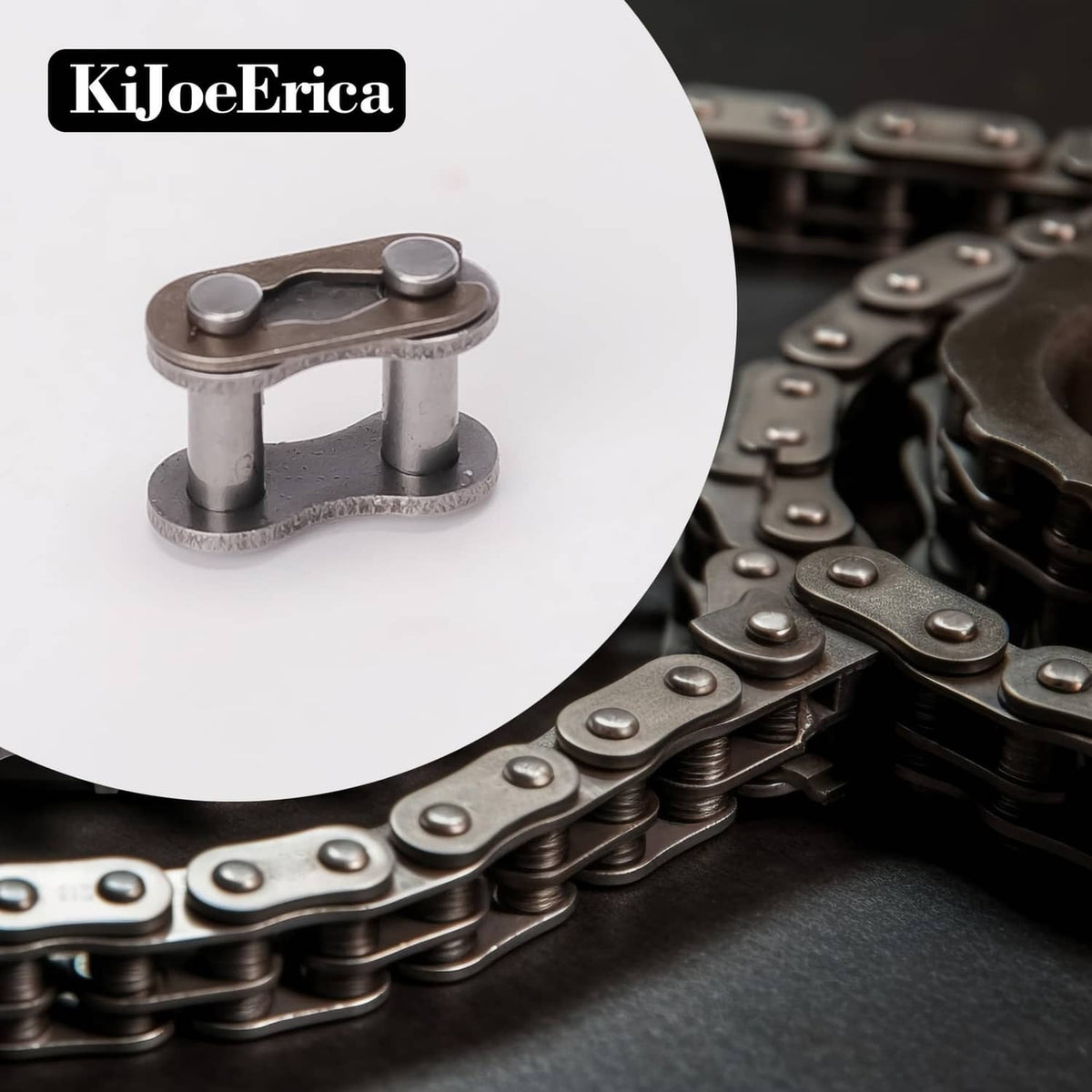 Bike chain master link connector clamp, steel gray, attached to bicycle chain