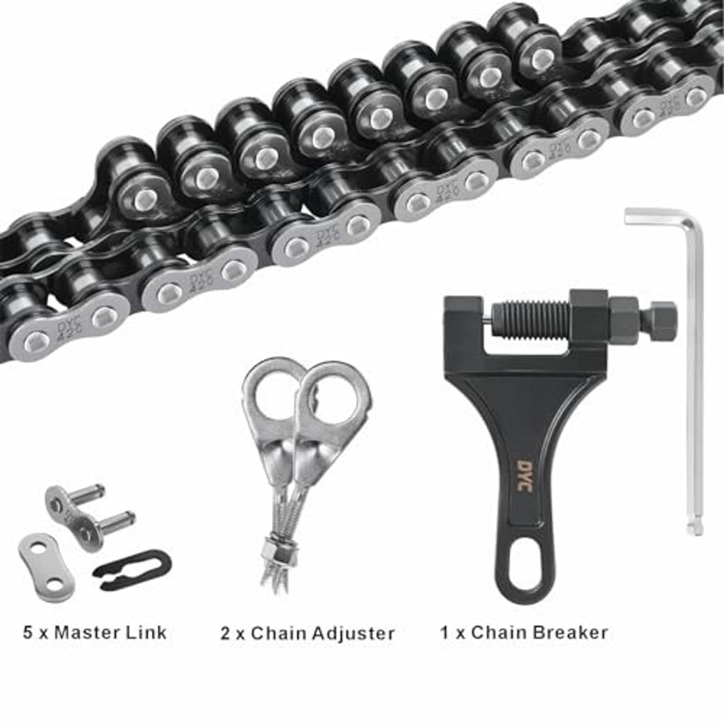 Black roller chain and chain tools set: adjuster, master link, and chain breaker