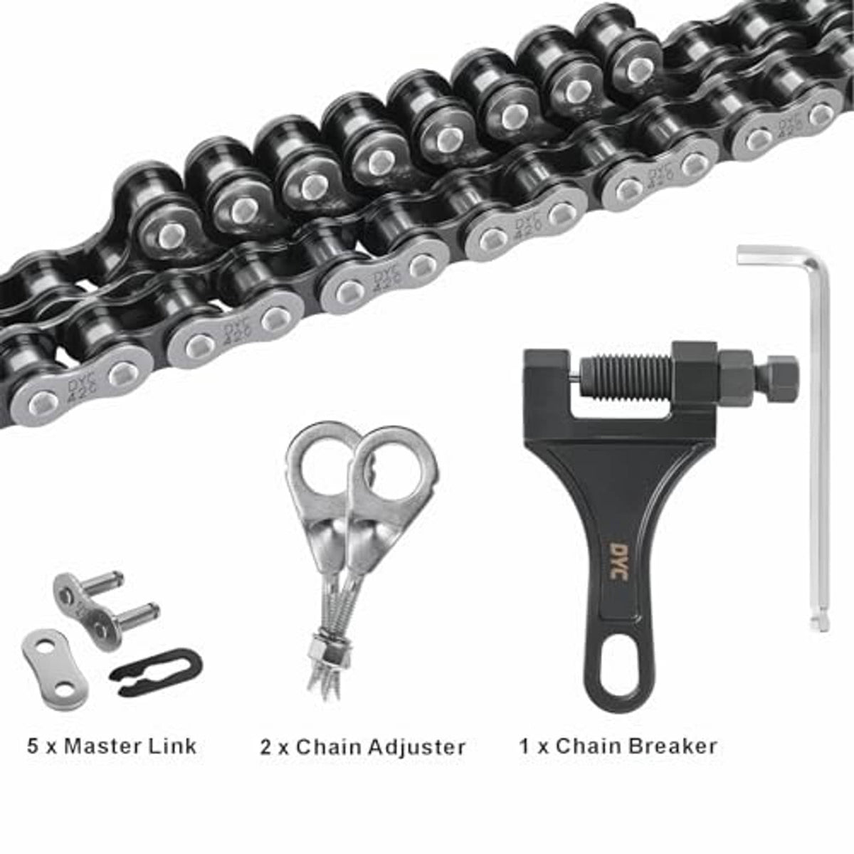 Black roller chain and chain tools set: adjuster, master link, and chain breaker