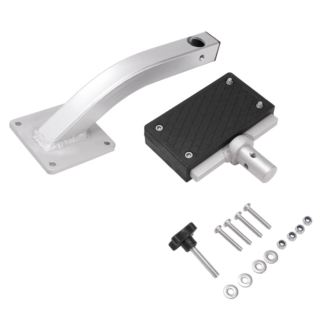 Trolling motor bracket parts kit with black plate, silver arm, and mounting hardware
