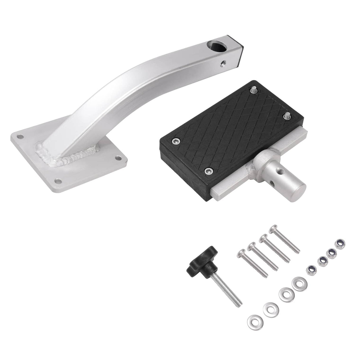 Trolling motor bracket parts kit with black plate, silver arm, and mounting hardware