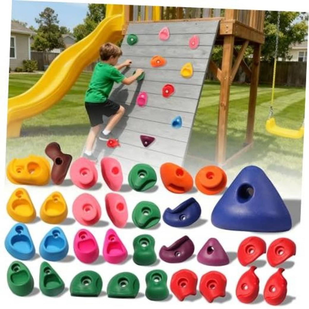 Multicolor plastic rock climbing holds for kids, assorted grip shapes