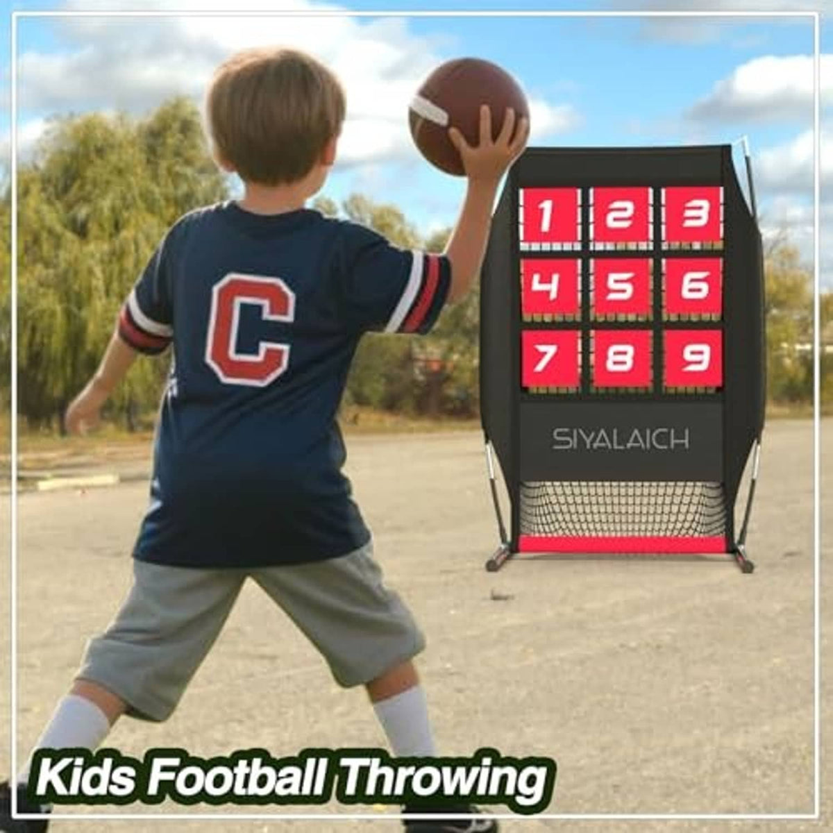 Throwing practice target net with black frame and red numbered grid for ball practice